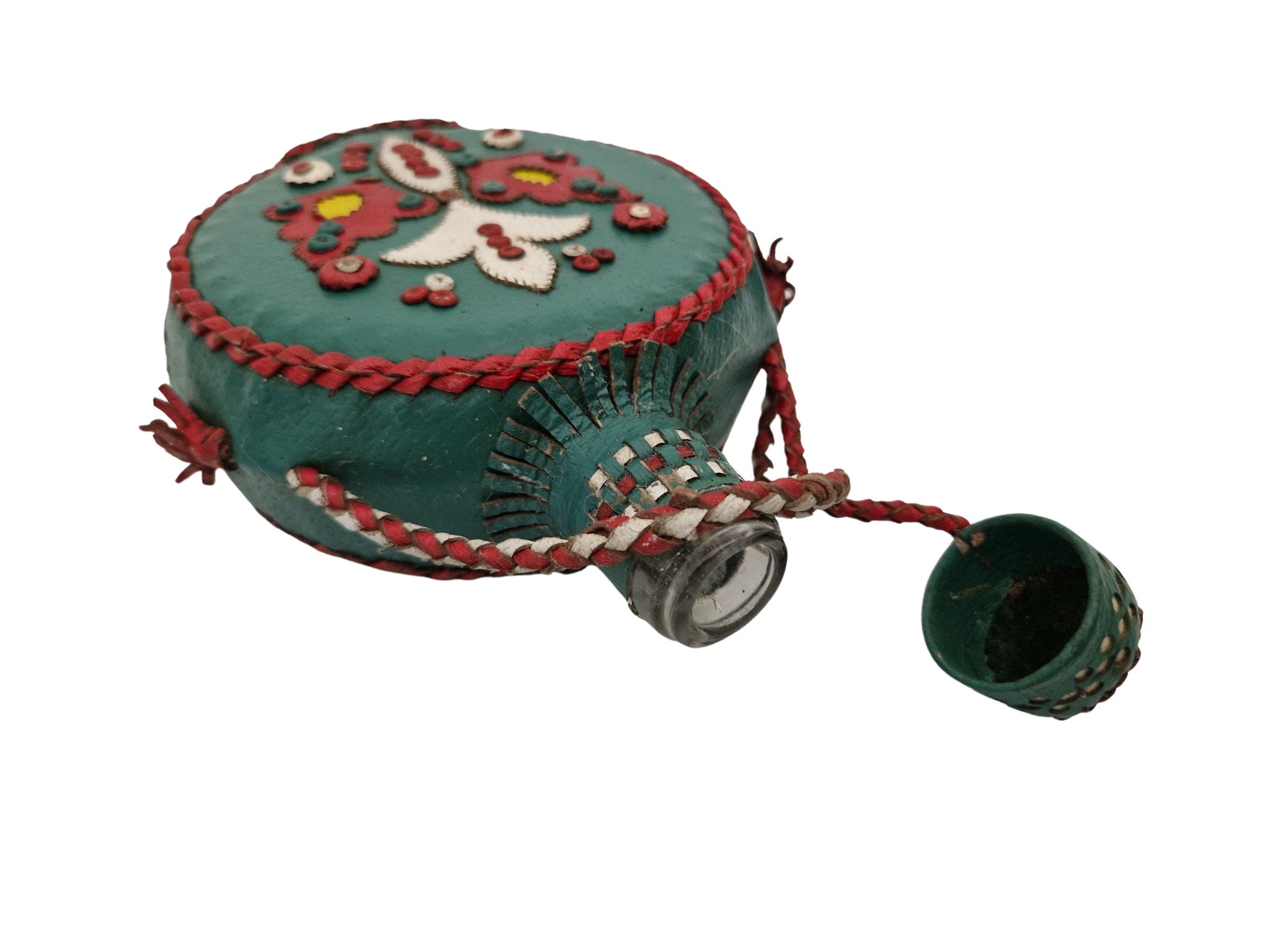 Vintage Leather Canteen Flask with Folk Art Flowers, Hand Crafted Bottle