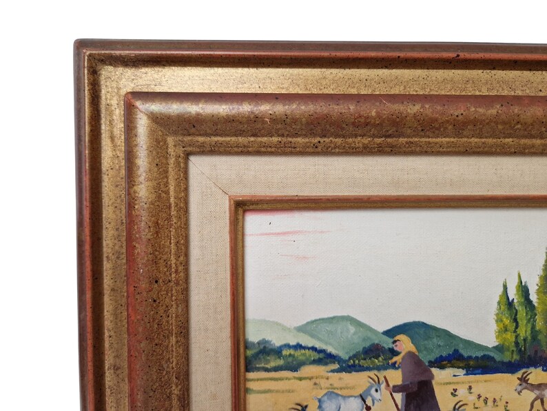 Female Goatherd with Flock of Goats in French Country Landscape Painting, Framed Rustic Farmhouse Art and Wall Decor image 7