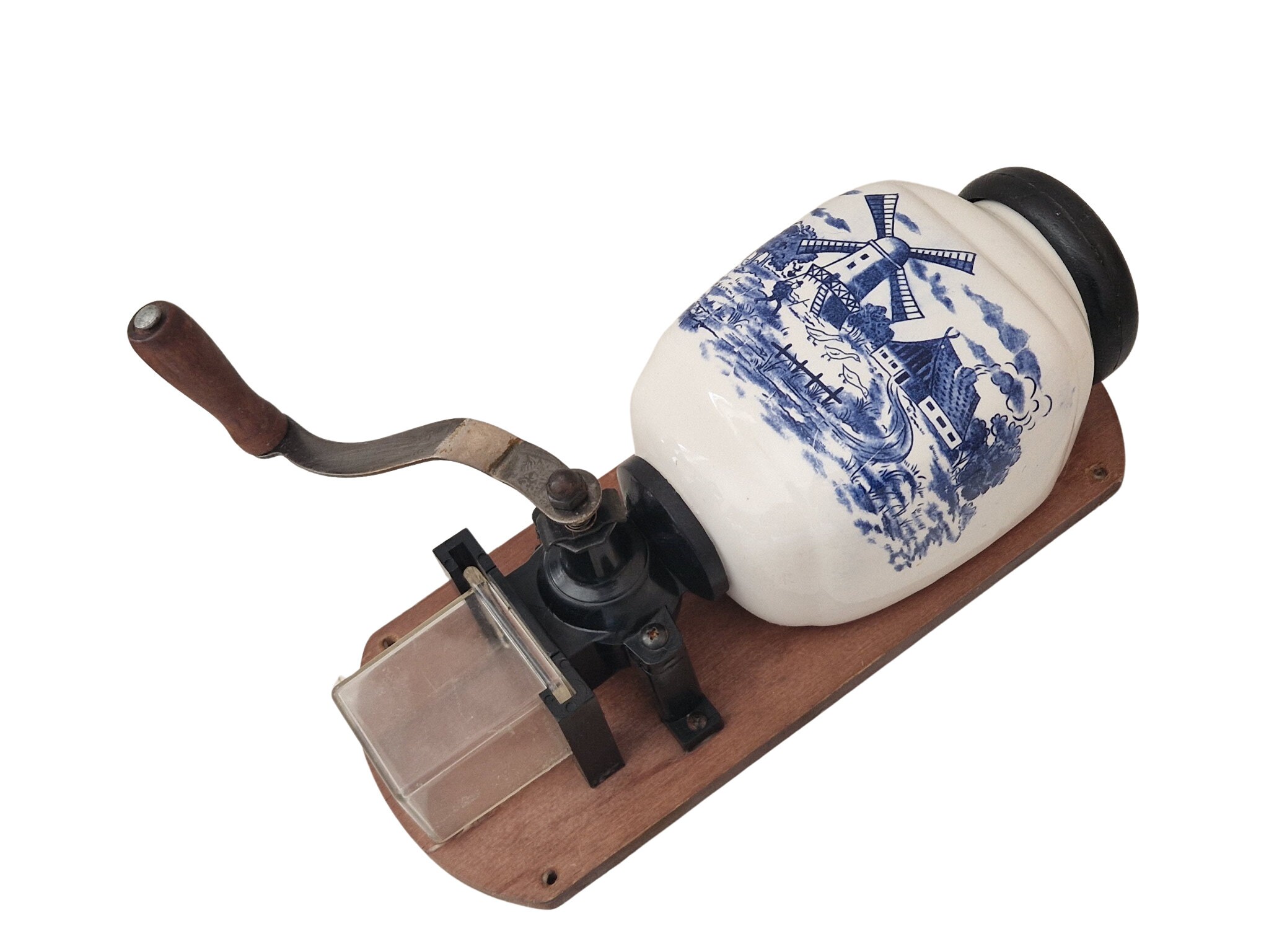Vintage Dutch Coffee Mill with Blue Delft Ceramic Canister, Wall Mounted Grinder