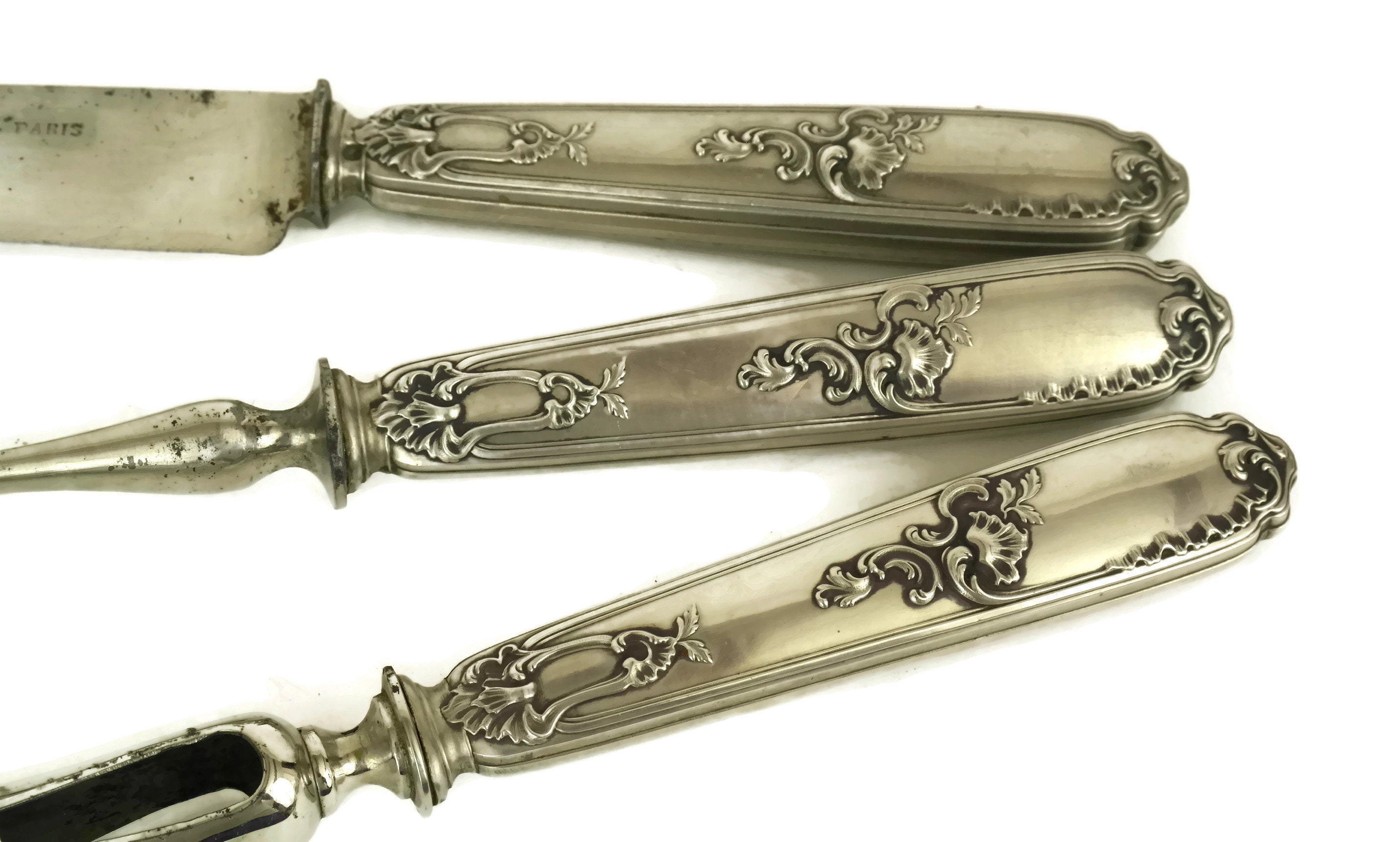 Antique Silver Carving Set with Knife, Fork and Roast Meat Clamp Bone