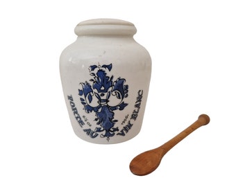 Grey Poupon Dijon Mustard Pot, Vintage French Condiment Jar with Heraldic Crest and Fleur de Lys