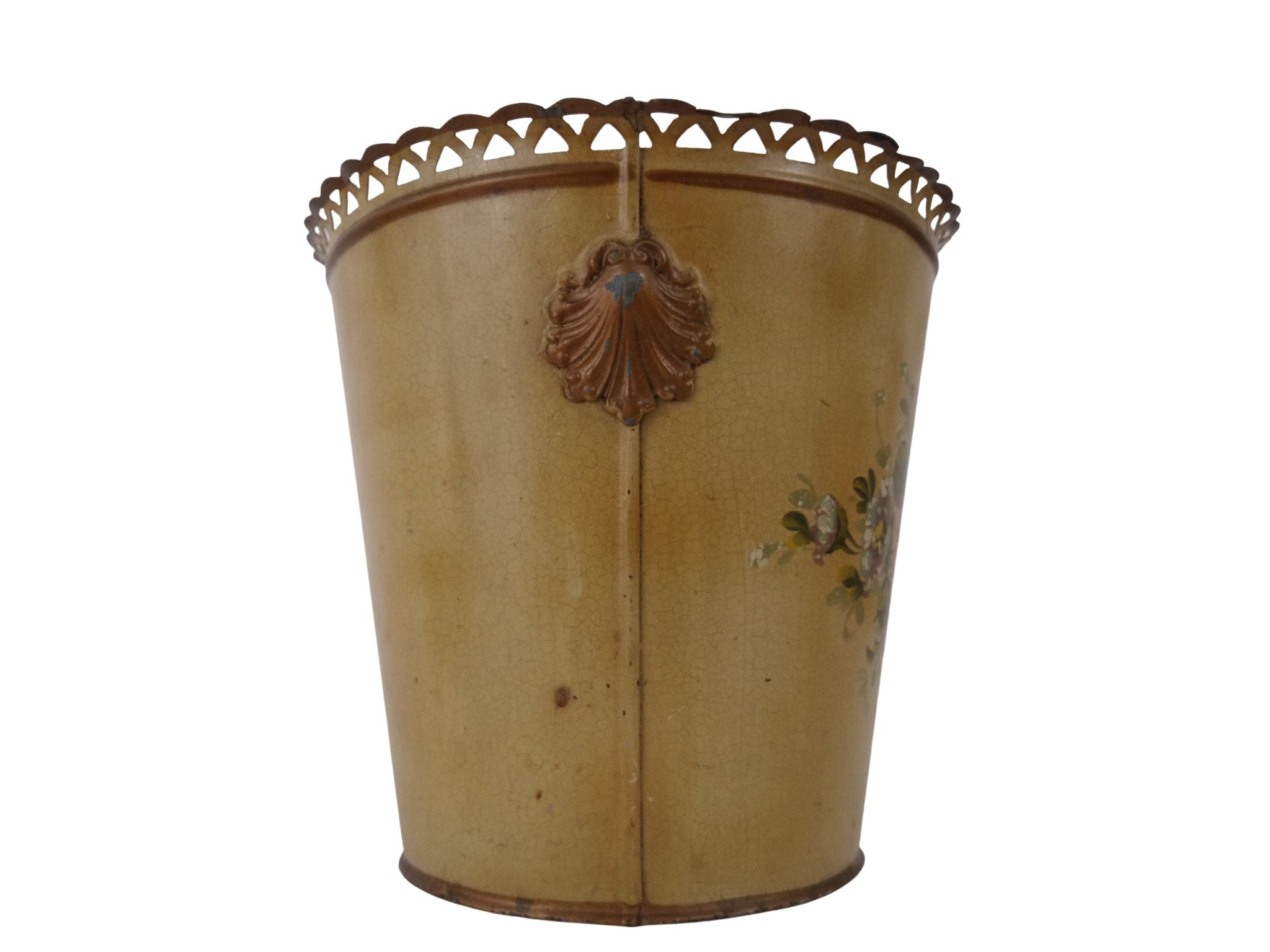 Antique French Tole Waste Basket, Hand Painted Flower Wastepaper Trash