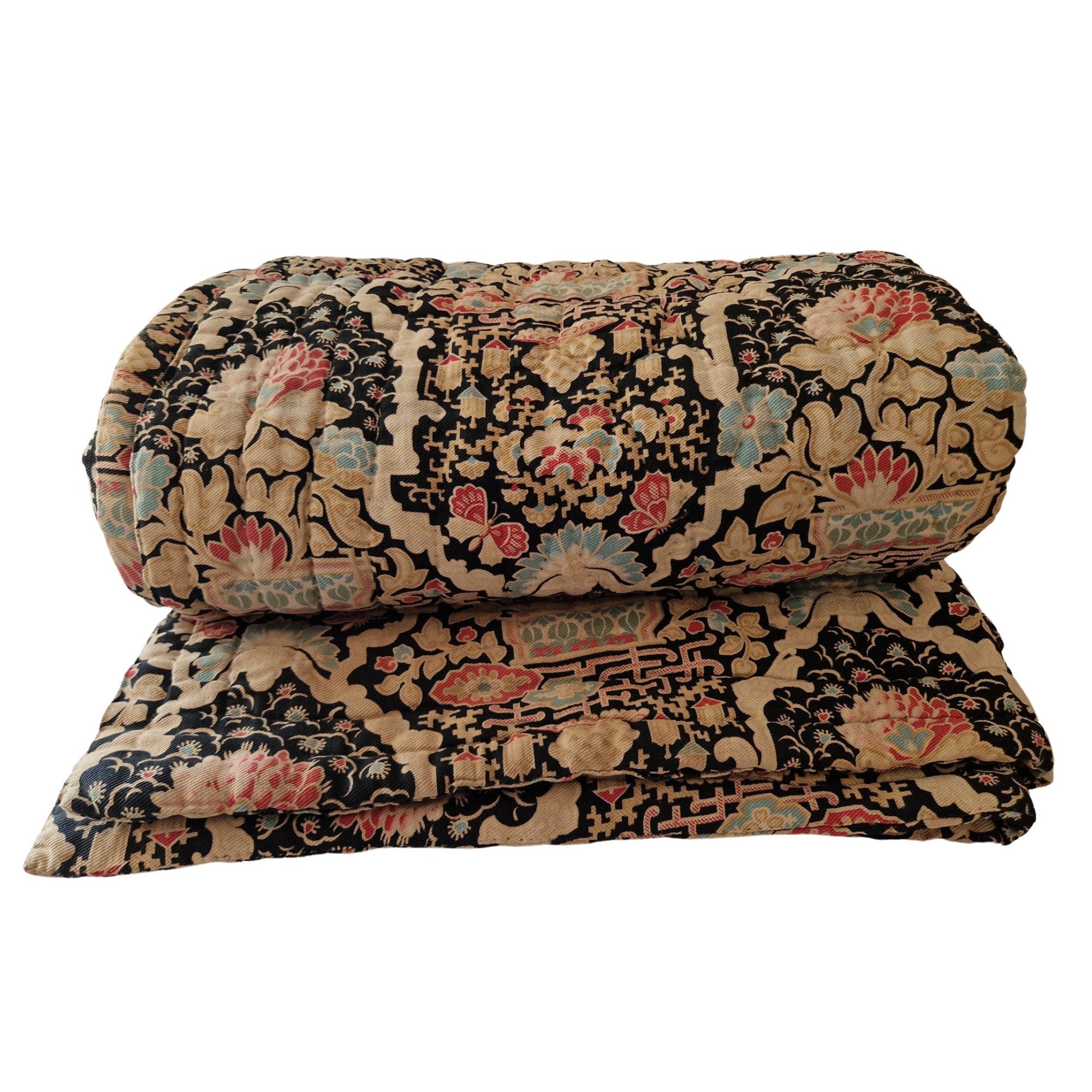 Antique French Boutis Quilt with Chinoiserie Printed Cotton, Hand Made