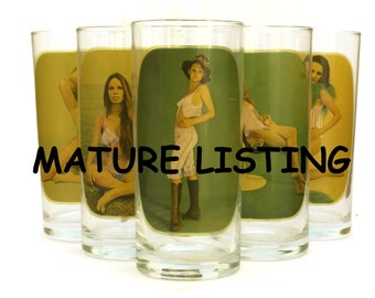 Vintage Pin Up Drinking Glasses Set of 6. 1970s Highball Barware. Sexy Gift for Him. French Retro Barware. Naked Woman Art Glass.