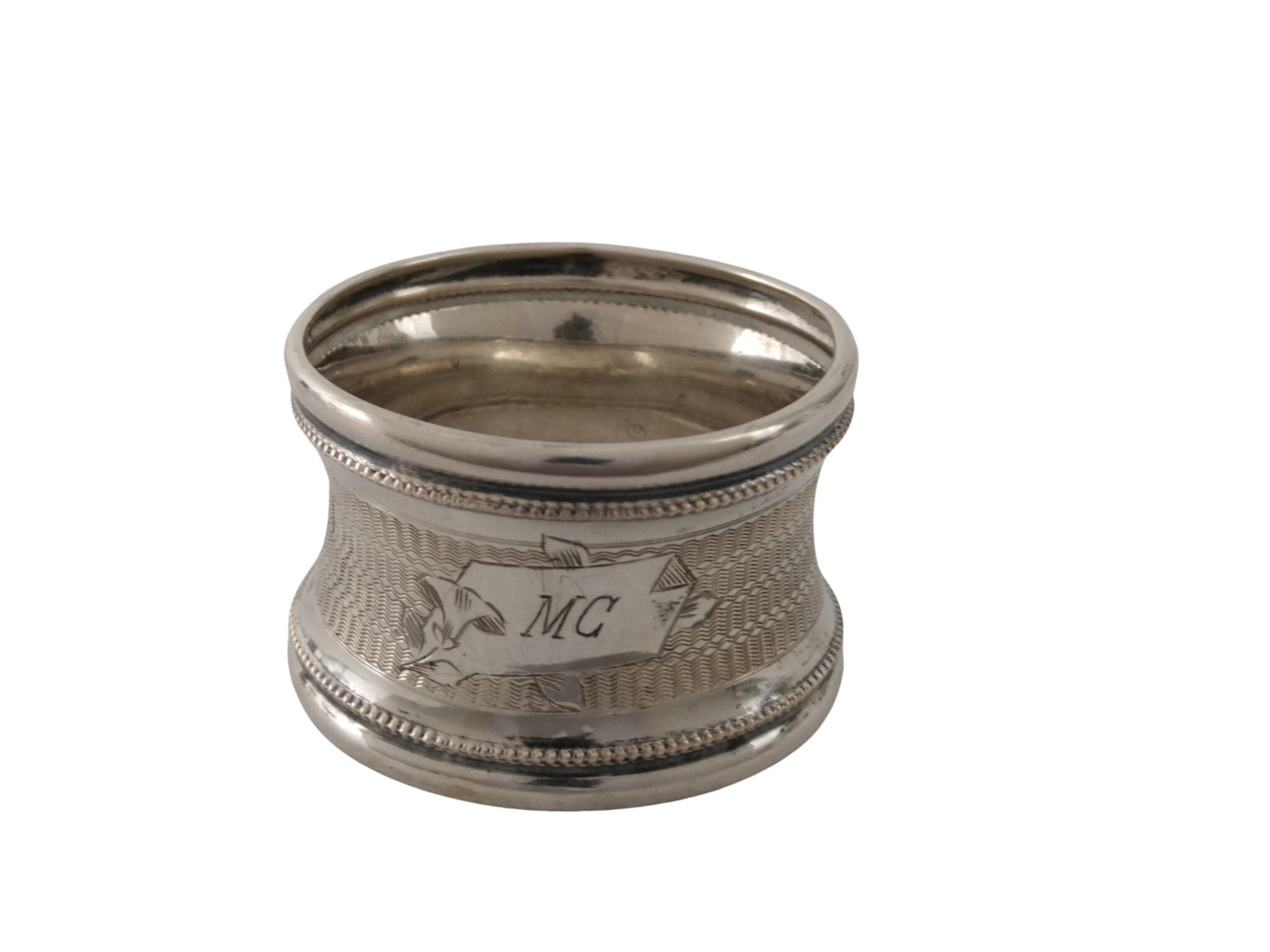 French Antique Silver Napkin Ring with Engraved M C Monogram Initials