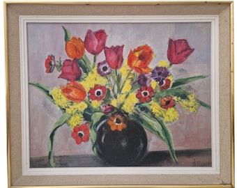 Nature morte de fleurs, tulipes, anémones et mimosas, composition florale champêtre française