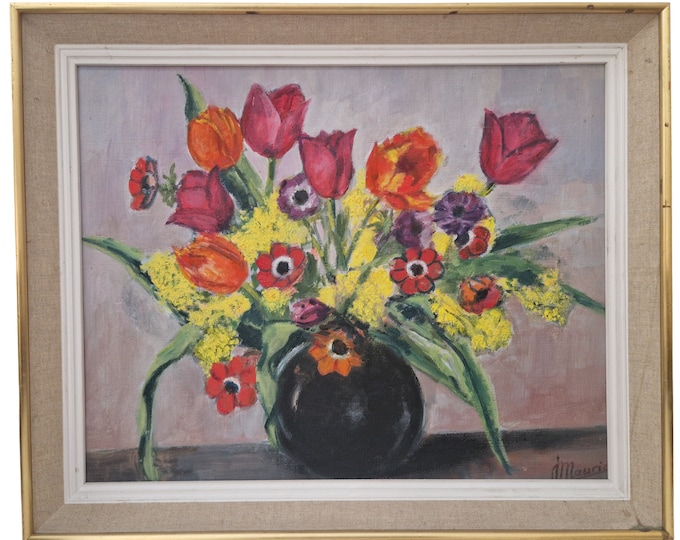 Flower Still Life Painting with Tulips, Anemones and Mimosas, French Country Floral Arrangement Art