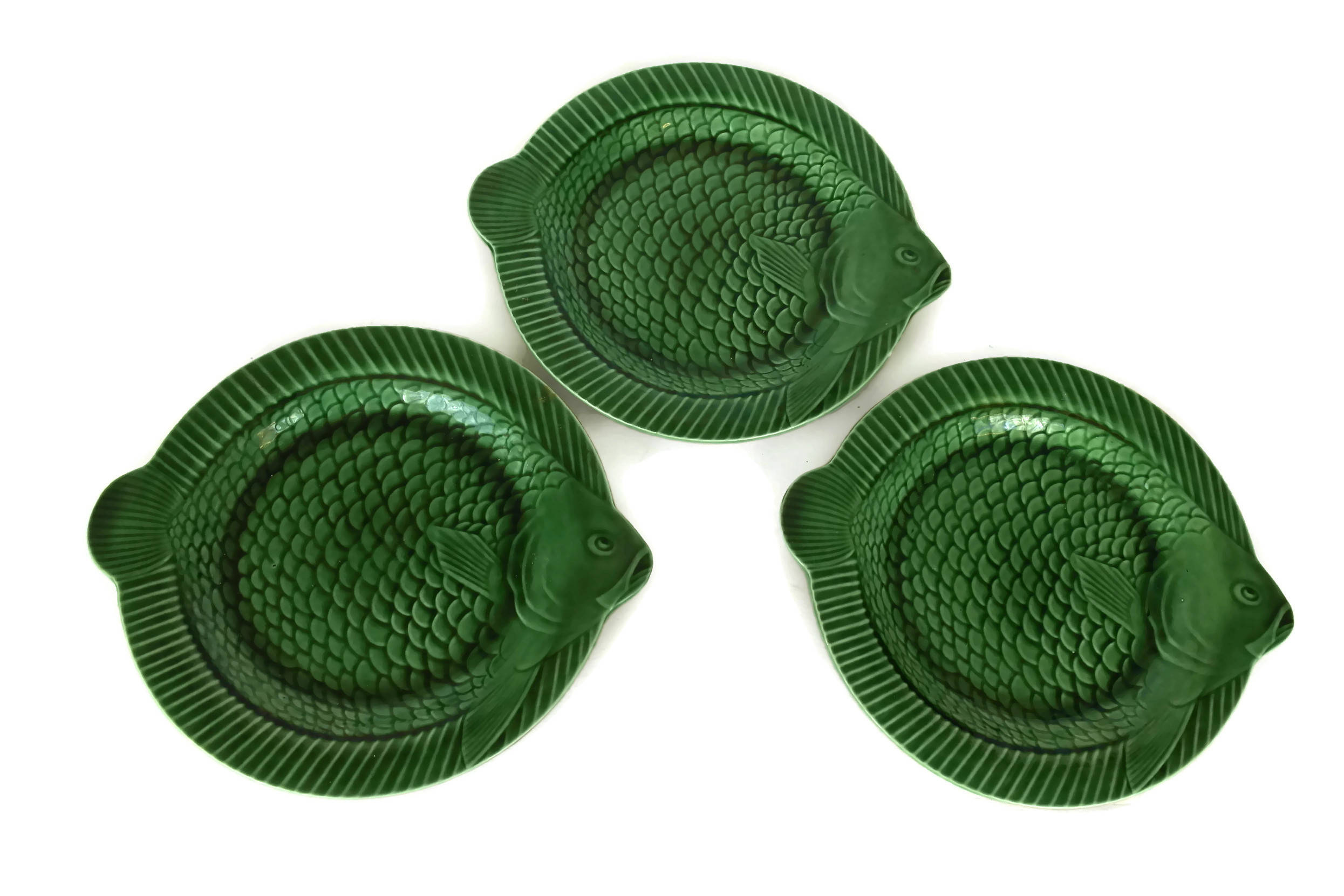 Green Majolica Fish Plate Set of 6. Sarreguemines Vintage French