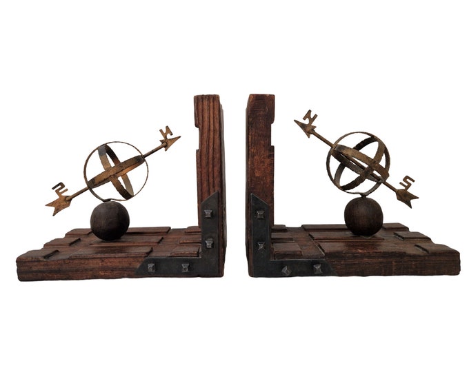 Brutalist Wooden Bookends with Armillary Globes, Vintage Book Holders with Spheres and Compass Arrow