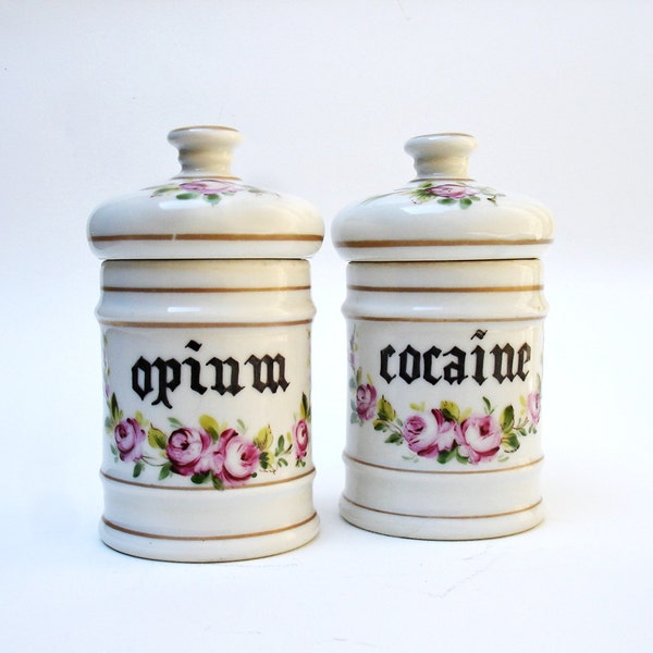 Pharmacy Cocaine and Opium Jars.  Apothecary Pot.