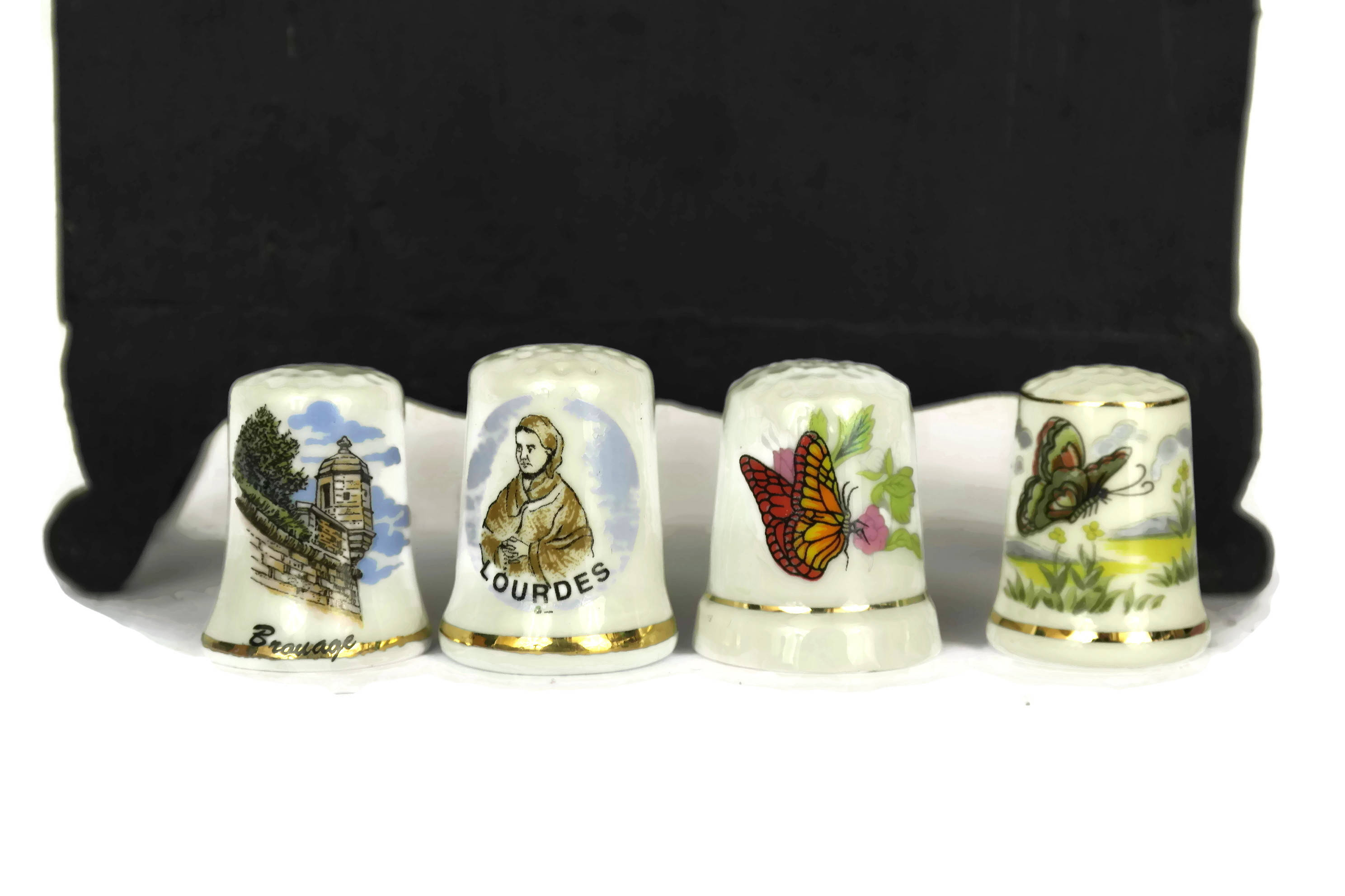 Thimble Collection in Display Case. Vintage French Porcelain and Silver