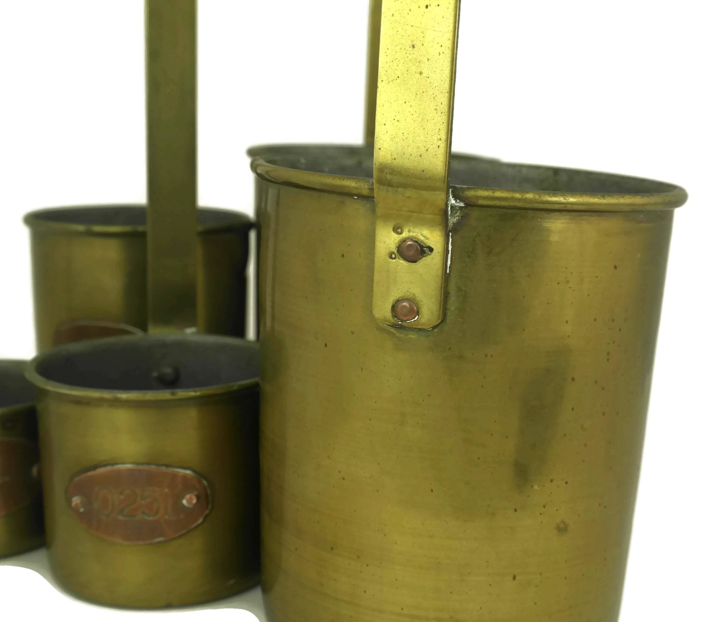 French Brass and Copper Measuring Cups, Vintage Rustic Kitchen Decor