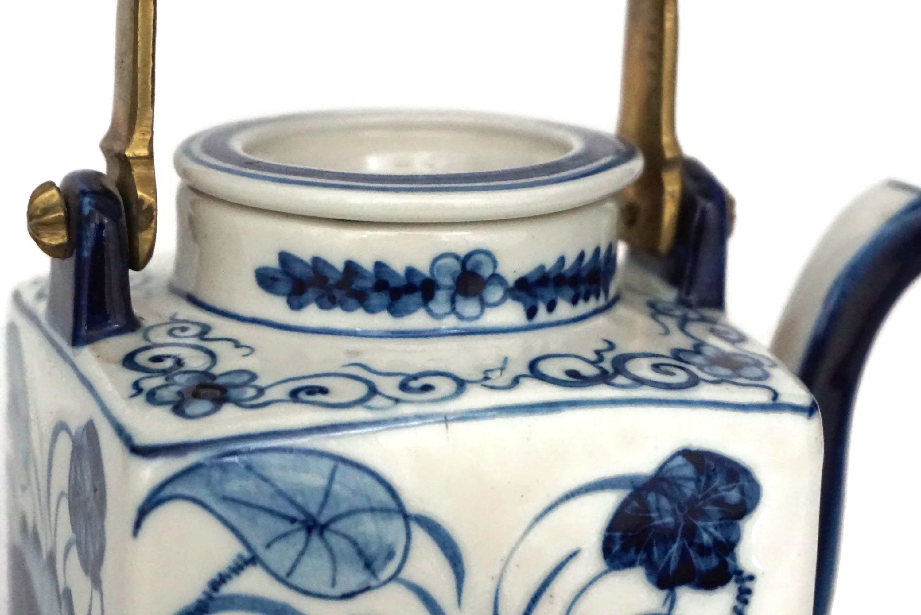 Chinese Export Porcelain Square Teapot with Brass Handle and Hand