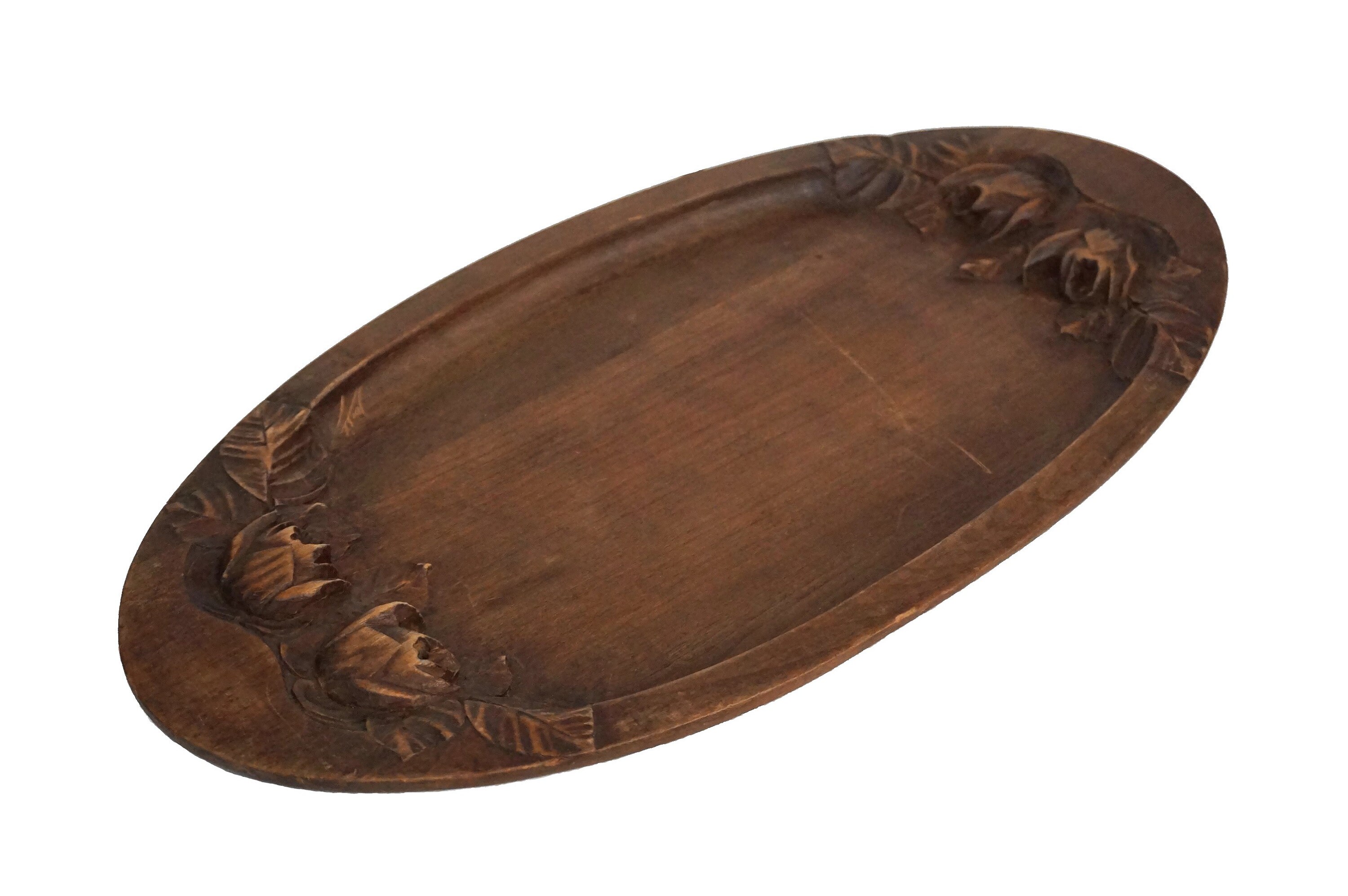 Reserved Art Deco Carved Wood Tray with Rose Flowers, Antique French
