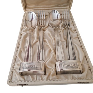 Art Deco Silver Pasta Set with Madame and Monsieur Napkin Rings