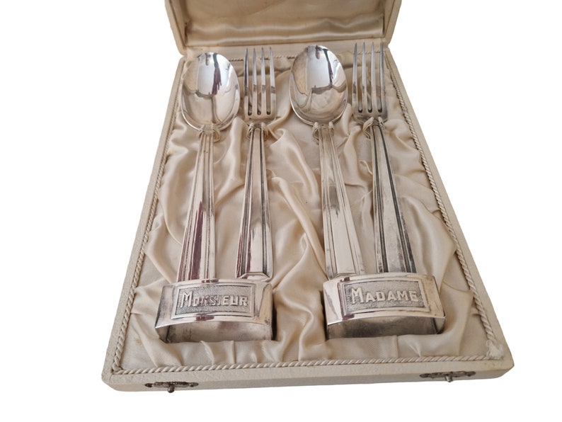 Art Deco Silver Pasta Set with Madame and Monsieur Napkin Rings