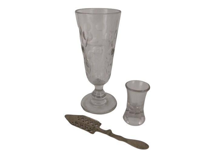 Antique Absinthe Glass, Spoon and Tot Measure Set, Collectible French Glassware and Bar Gifts