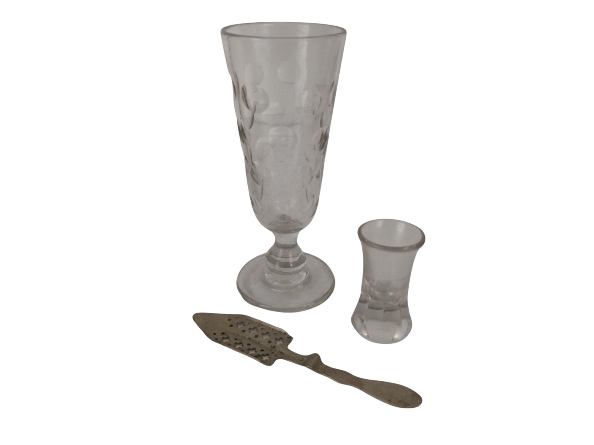 Verre d'absinthe Antique, Ensemble de Mesure Cuillère et Tout-Petit, Verrerie Français Collection Ca