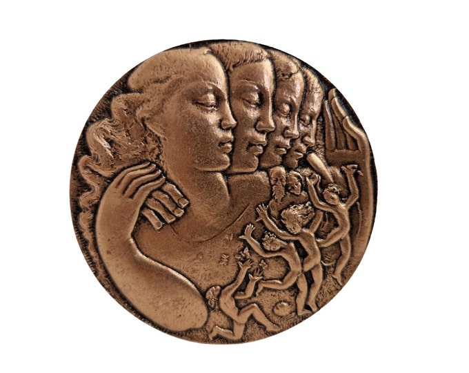 French Bronze Medal with Women Portrait and Playing Children, Commemorative for Social Security 1945 - 1995