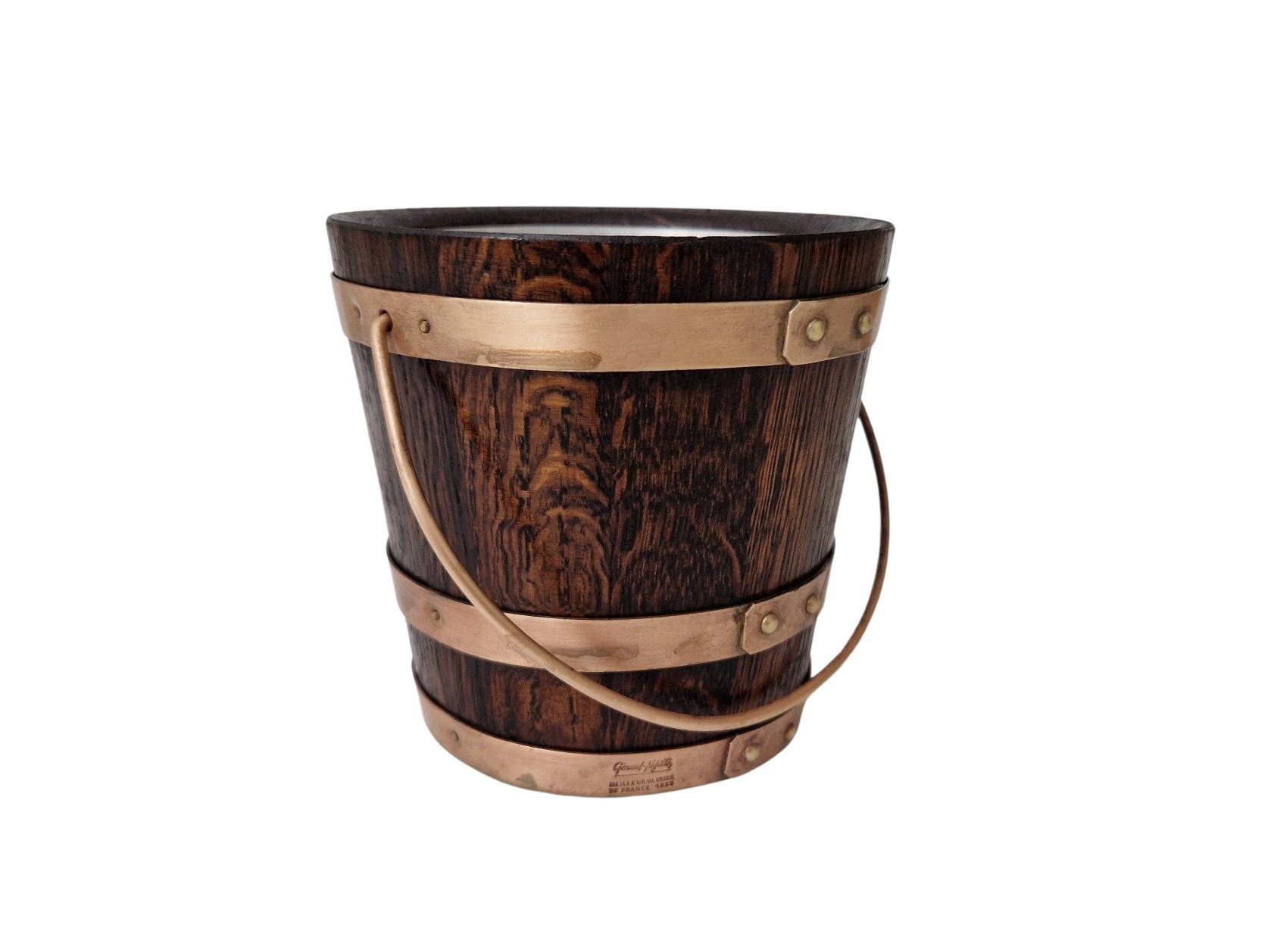 French Wood and Copper Ice Bucket, Wooden Oak Barrel by Geraud Lafitte