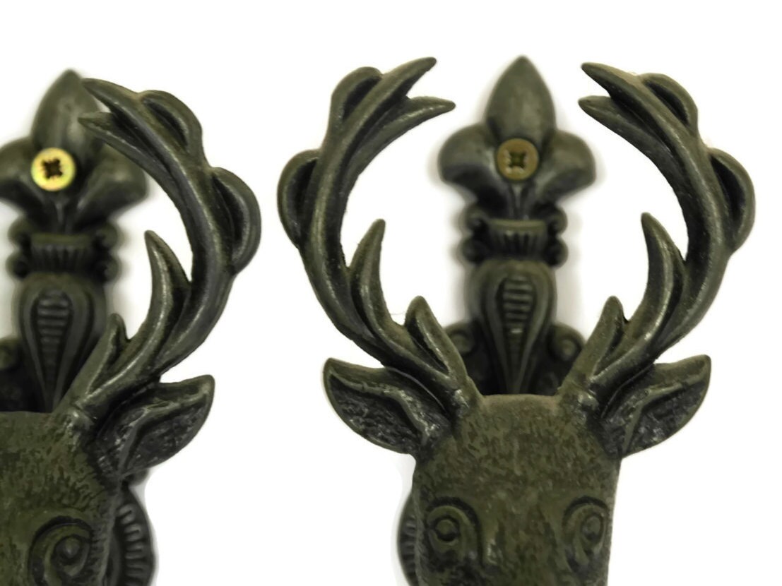Vintage Deer Head Coat Hooks. Pair of Extending Hat Hooks.