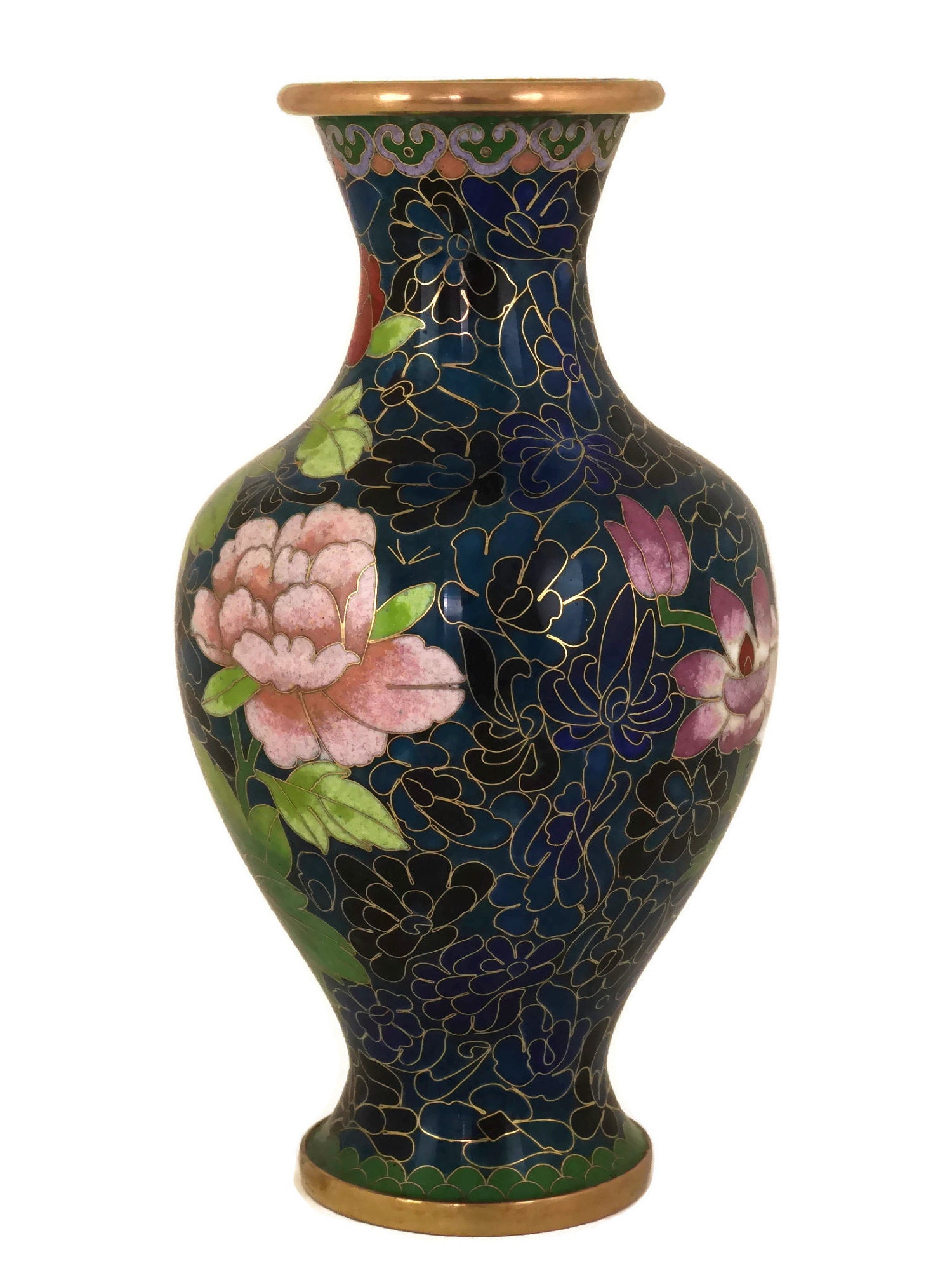 Vintage Cloisonne Vase with Peonies, Turquoise Blue Enamel and Brass
