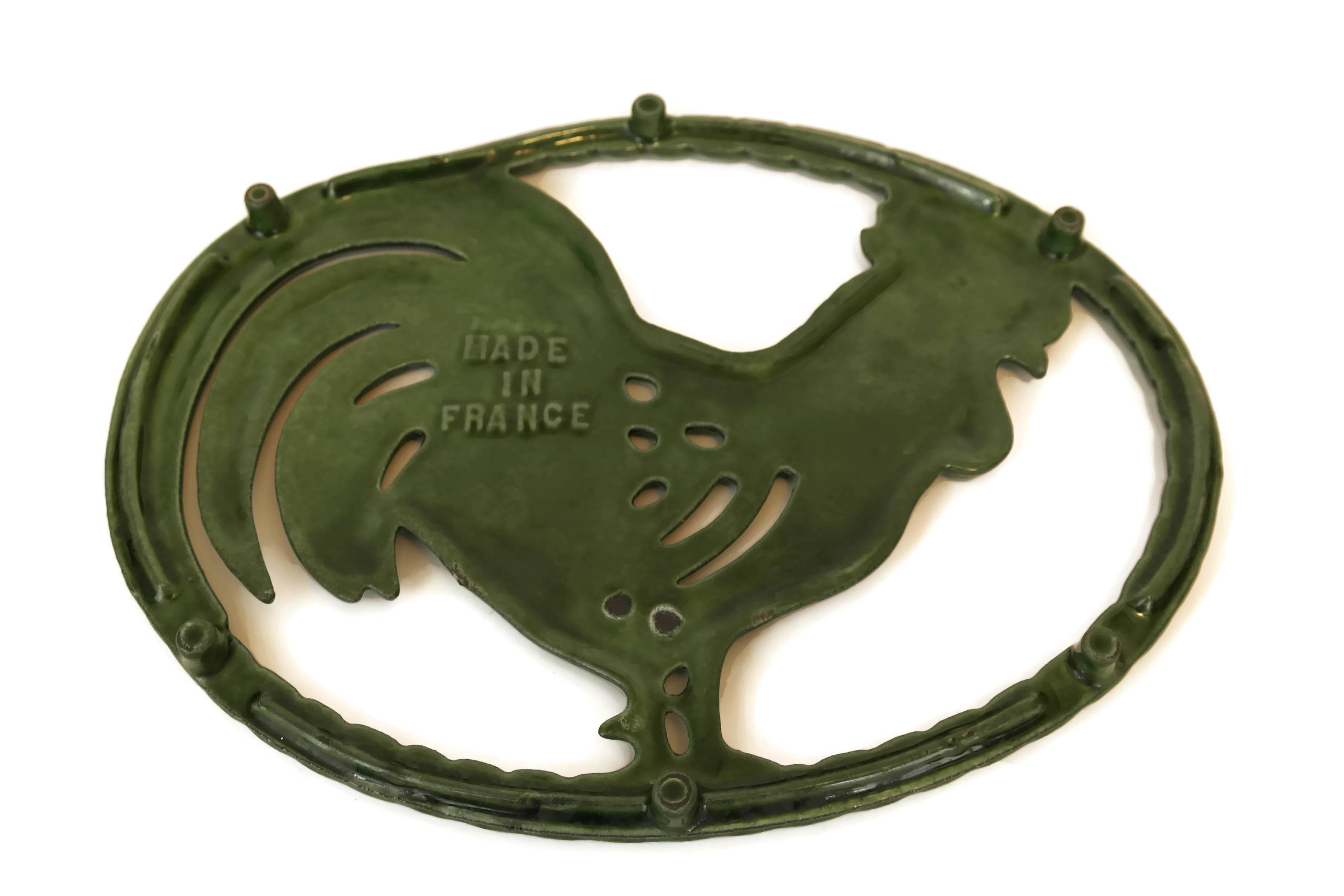 French Enamel Rooster Trivet. Vintage Pot Rest. Country Cottage Green