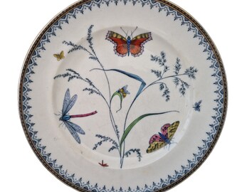 Antique English China Plate by Pinder Bourne & Co in Apollo Pattern with Butterflies, Dragonflies and Flowers