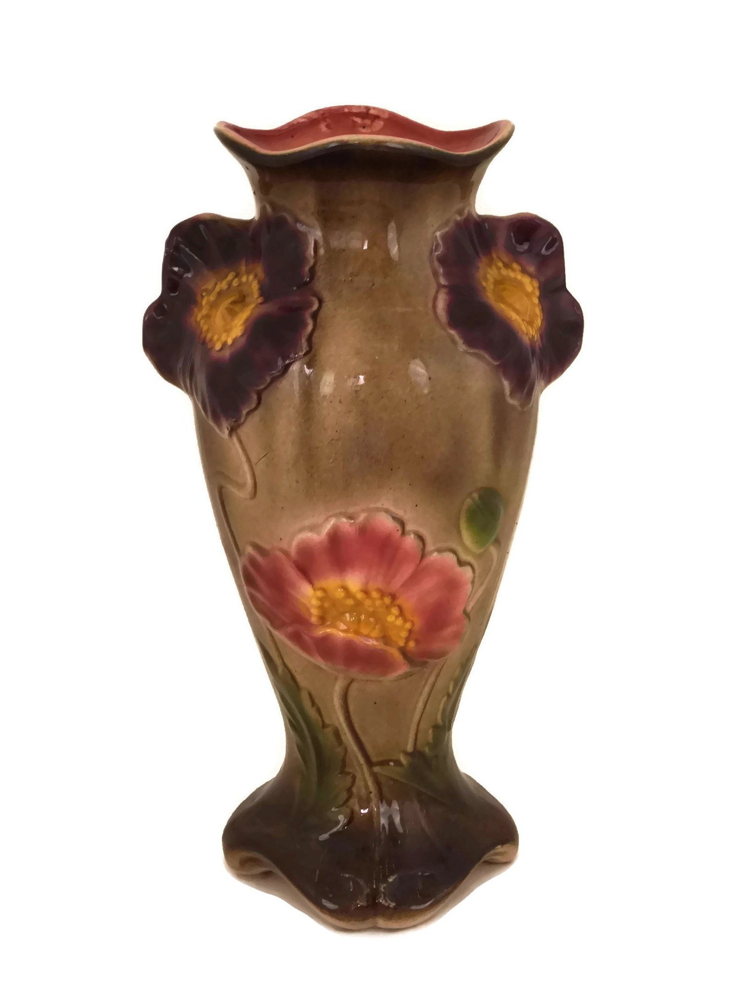 Art Nouveau Majolica Vase with Poppy Flowers, Antique French St Amand