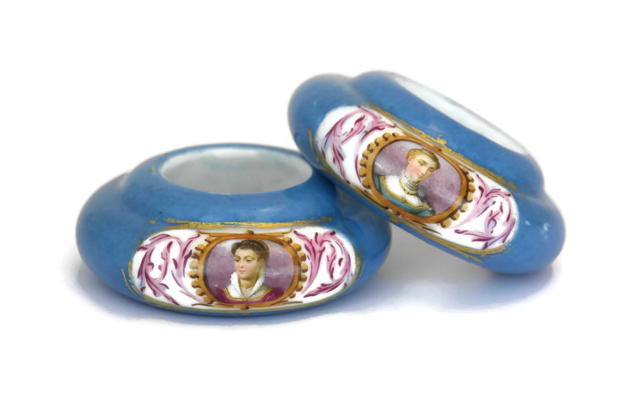 Antique Oil Lamp Rings Hand Painted French Porcelain Women 1