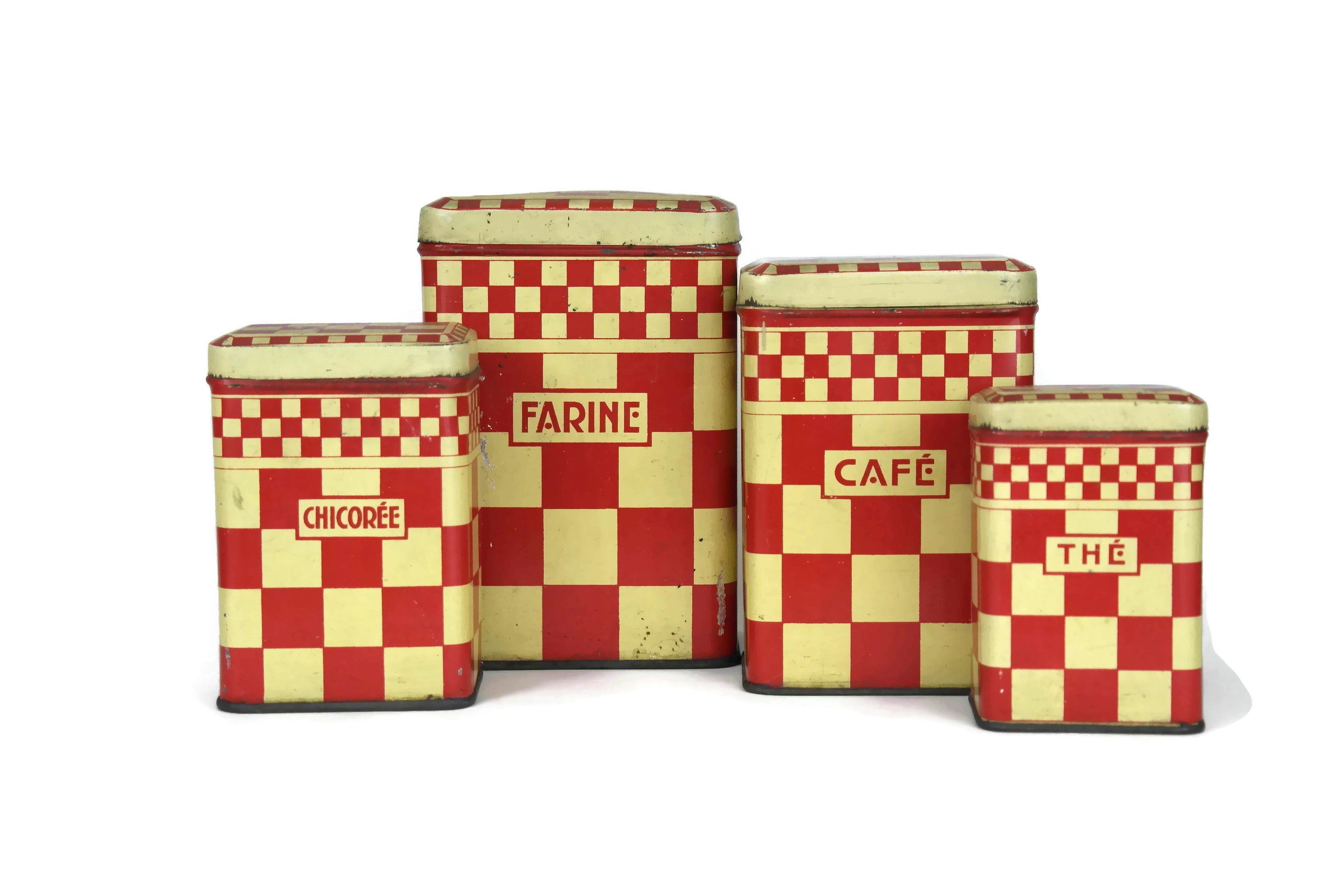 French Vintage Red Kitchen Canisters. Set of 4 Red Checkerboard