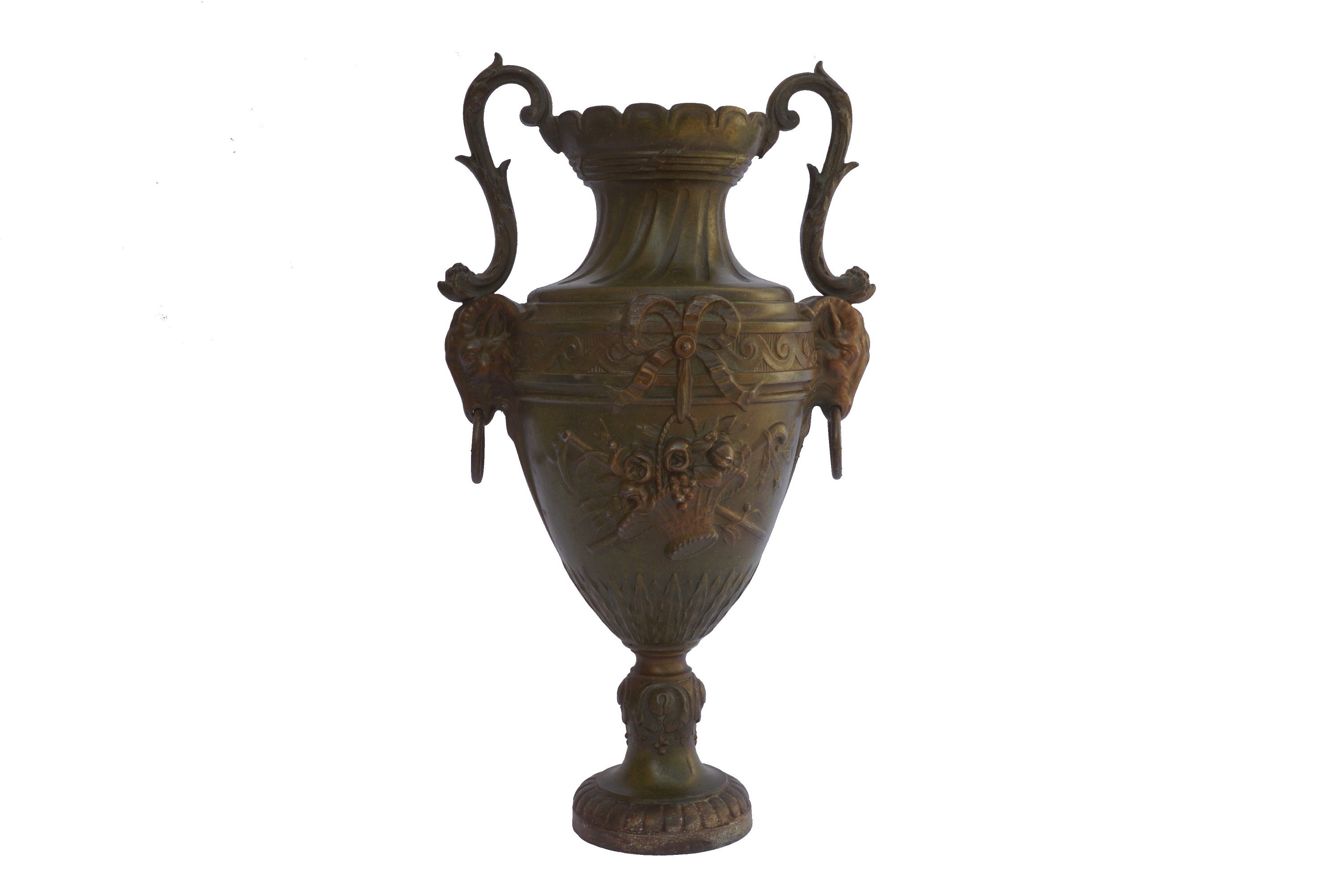 Antique Urn Vase with Ram Head Figurine Handles, Mantel Garniture French Home Decor