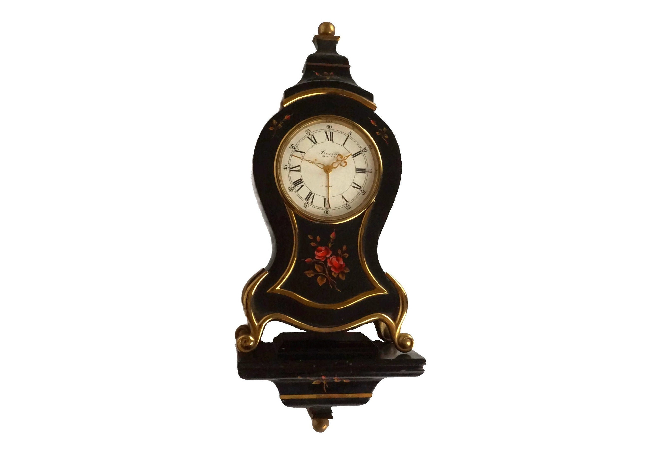 Swiss Wooden Clock and Shelf with Alarm, Switzerland Hand Painted Tole Wood