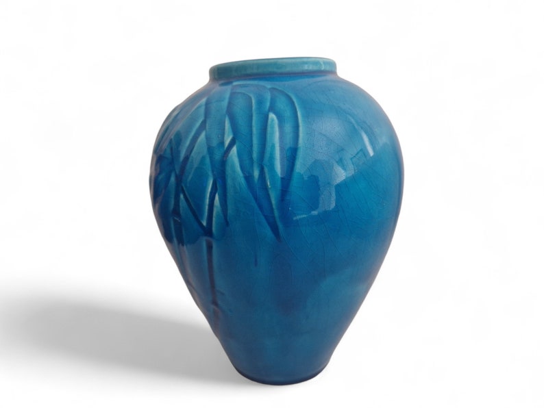 Turquoise Ceramic Vase with Bamboo Motif