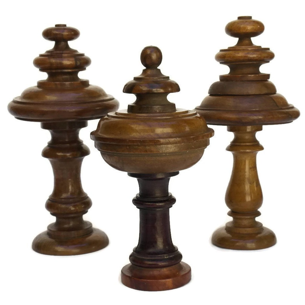 Antique Set of 5 Decorative Turned Wood Finials