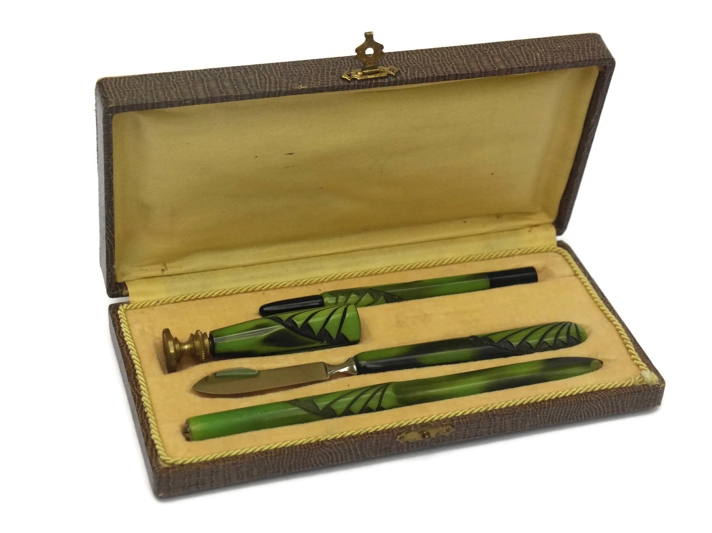 Art Deco Bakelite Writing Set. Boxed Desk Set in French Etui Case.