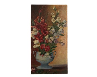 Gladiolus and Foxglove Flowers Painting, Signed French Floral Bouquet Still Life Art