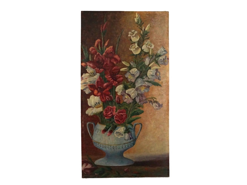 Gladiolus and Foxglove Flowers Painting, Signed French Floral Bouquet Still Life Art