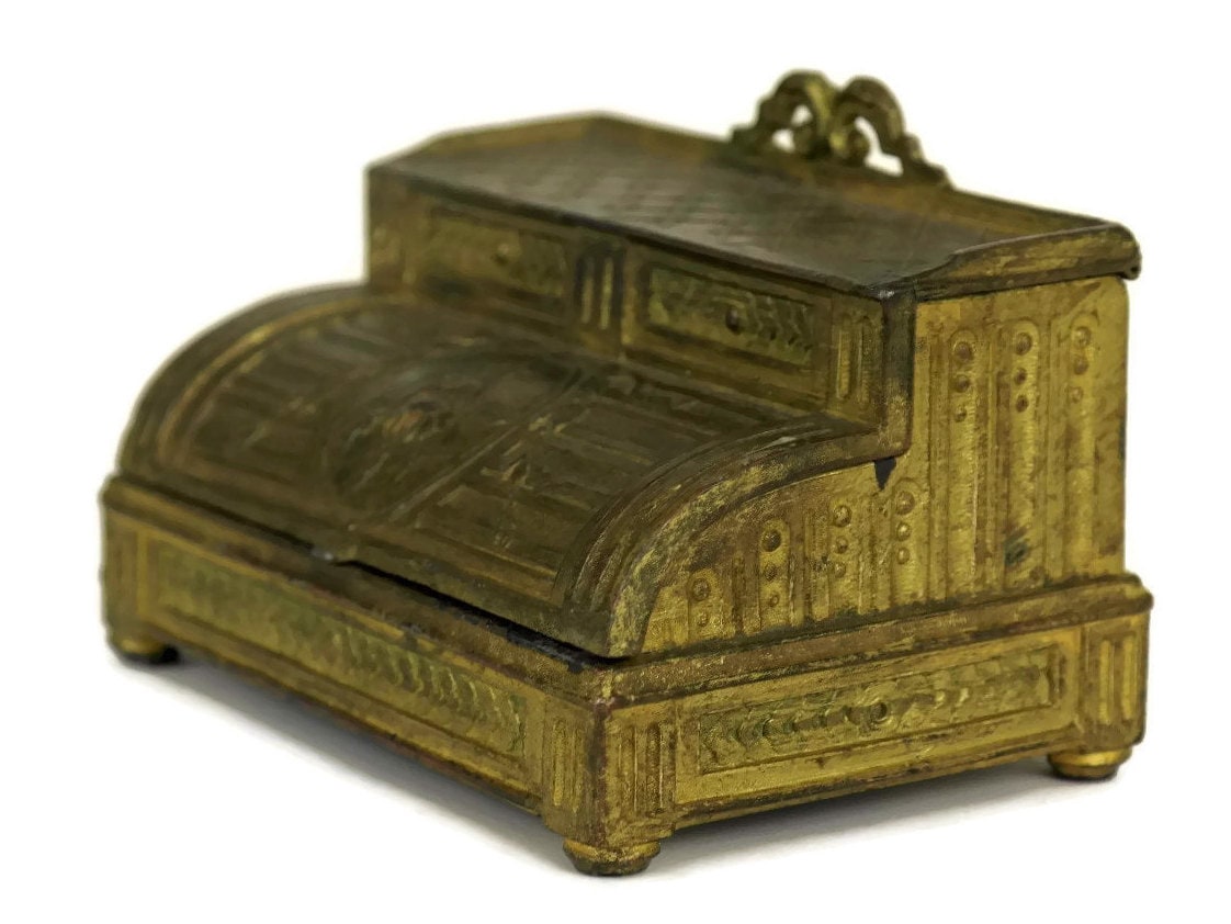 French Antique Jewelry Box. Miniature Roll Top Desk Jewelry Casket. Antique Box.