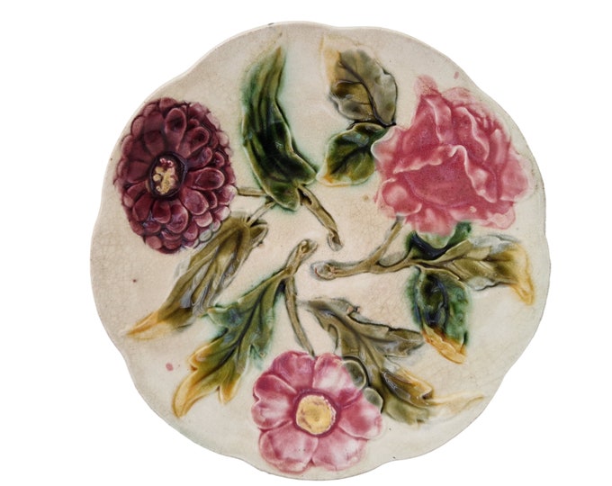 French Antique Majolica Flower Plate with Rose, Dahlia, Rose and Daisy, Ceramic Leaf Wall Decor