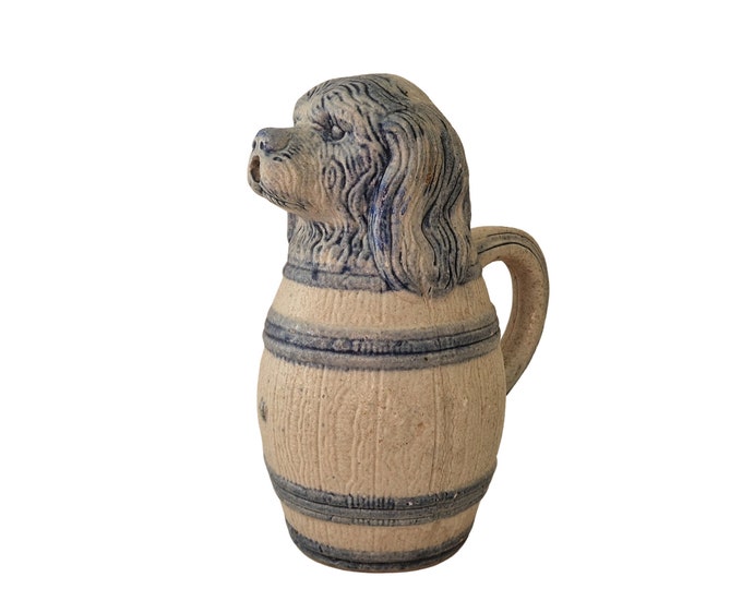 Cocker Spaniel Dog in Barrel Pitcher, Vintage German Salt Glaze Pottery Jug