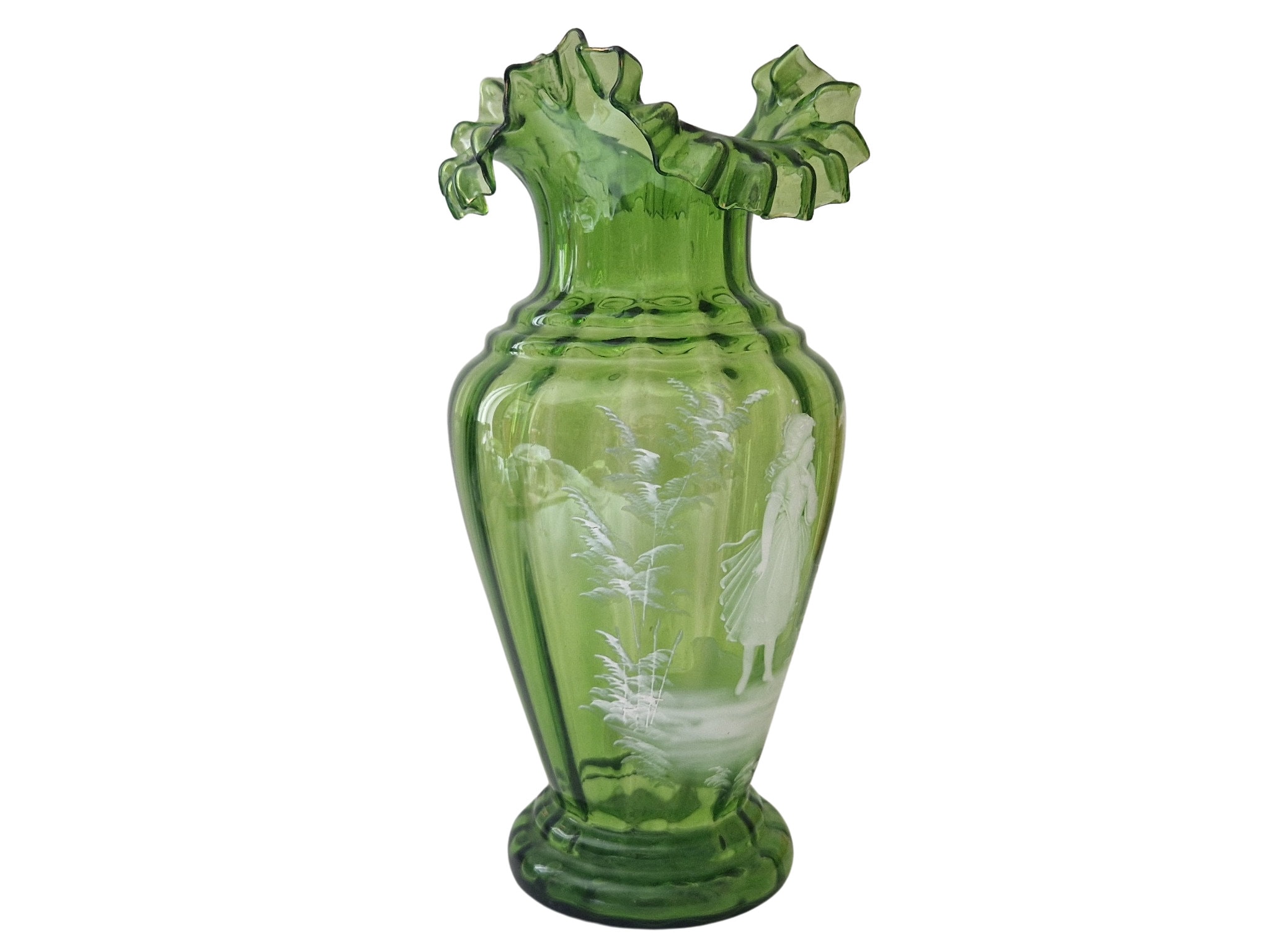 Antique Mary Gregory Green Glass Vase with Girl and Parrot Hand Painted