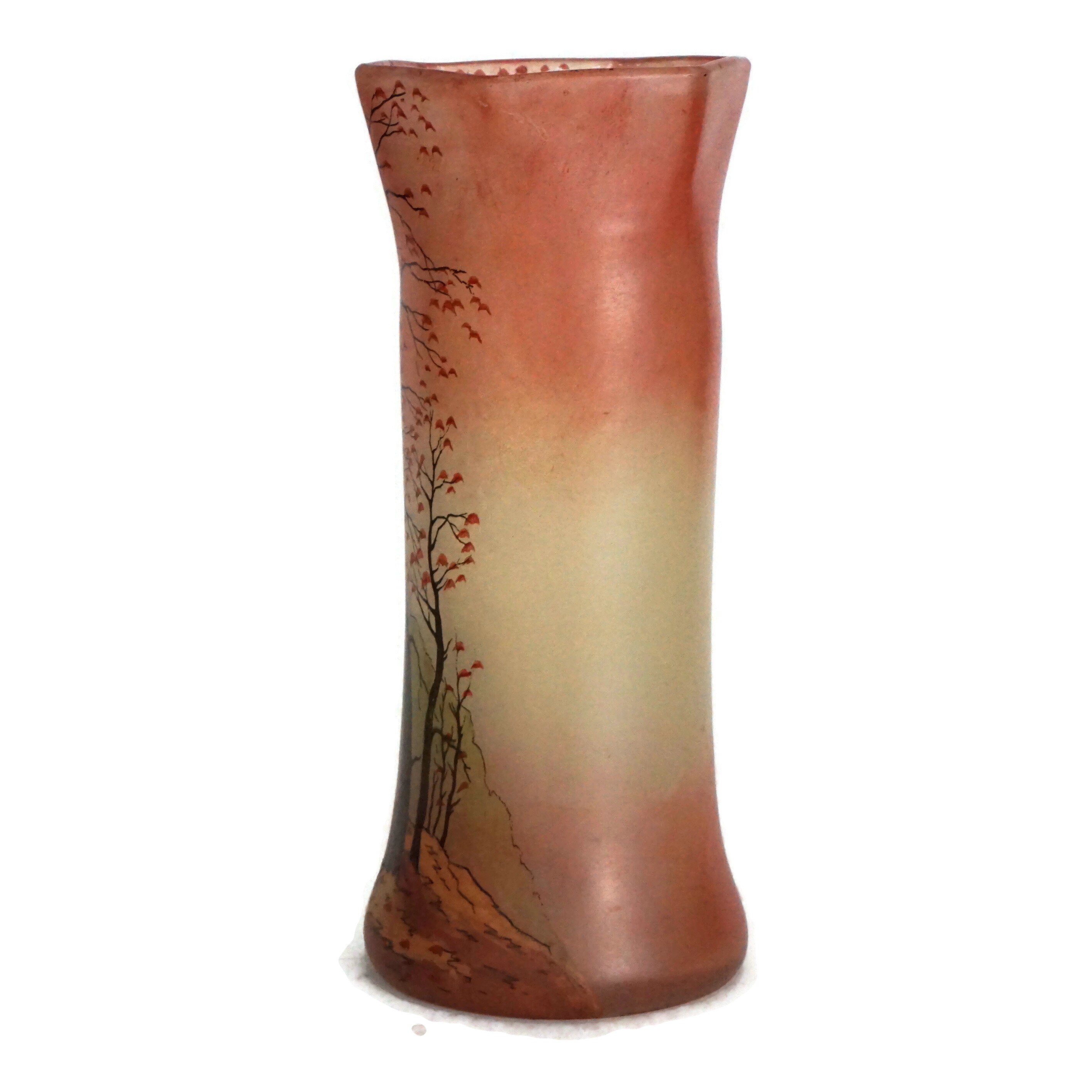 Hand Painted Art Glass Vase with Trees, Antique French