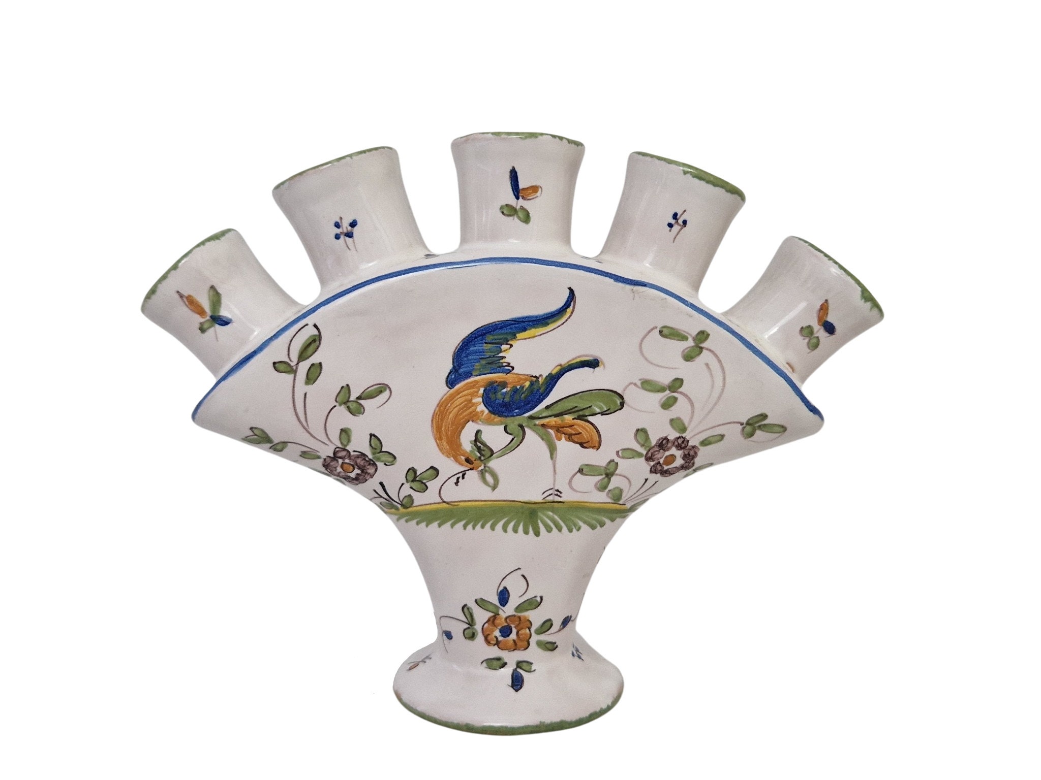 French Moustiers Ceramic Tulip Vase, Hand Painted Pottery Flower Holder