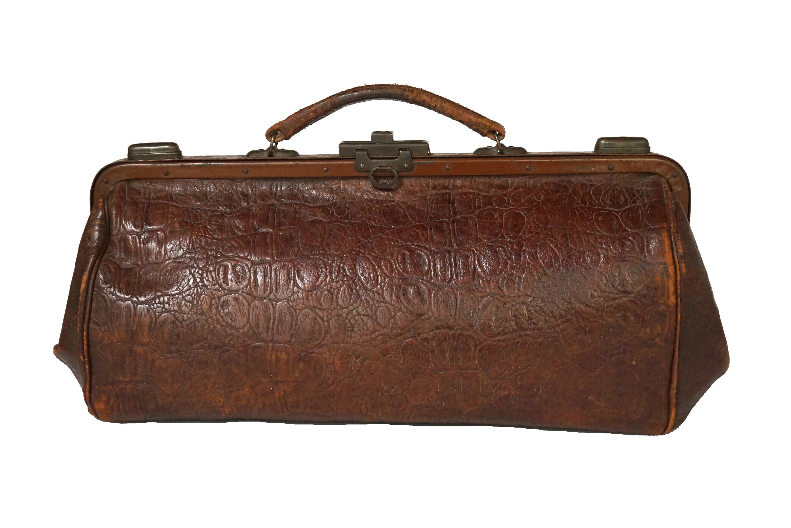 Antique Leather Gladstone Bag with Brass Fittings, French Doctors Case