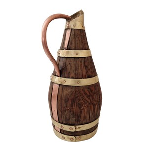 French Oak Wood Wine Pitcher with Copper and Brass, Rustic Farmhouse Bar Decor