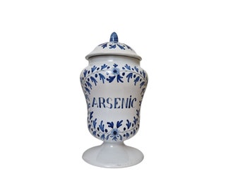 Very Large Arsenic Apothecary Jar, Blue and White Hand Painted French Pottery Pharmacy Bottle