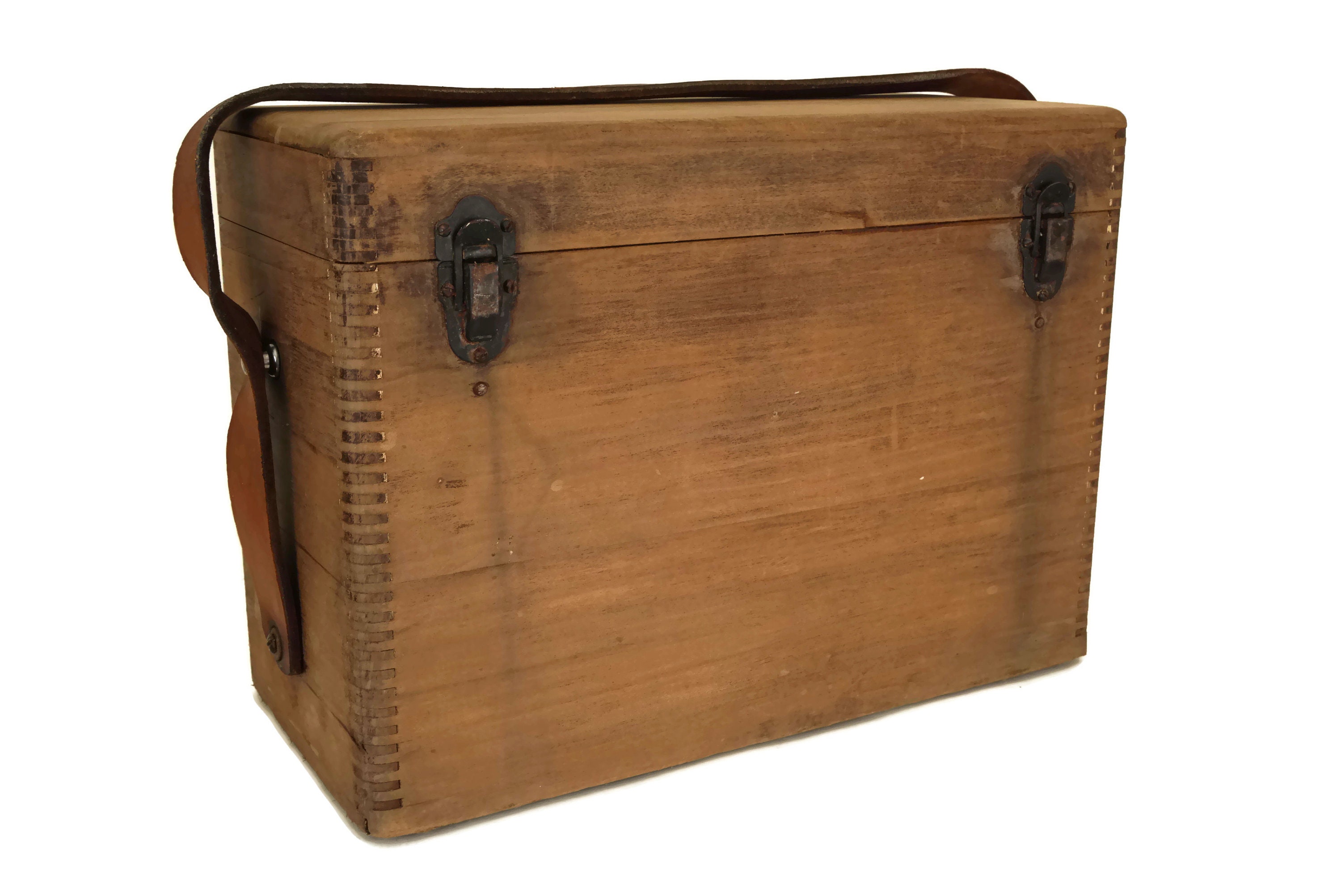 Wooden Tool Box with Leather Strap and Lid