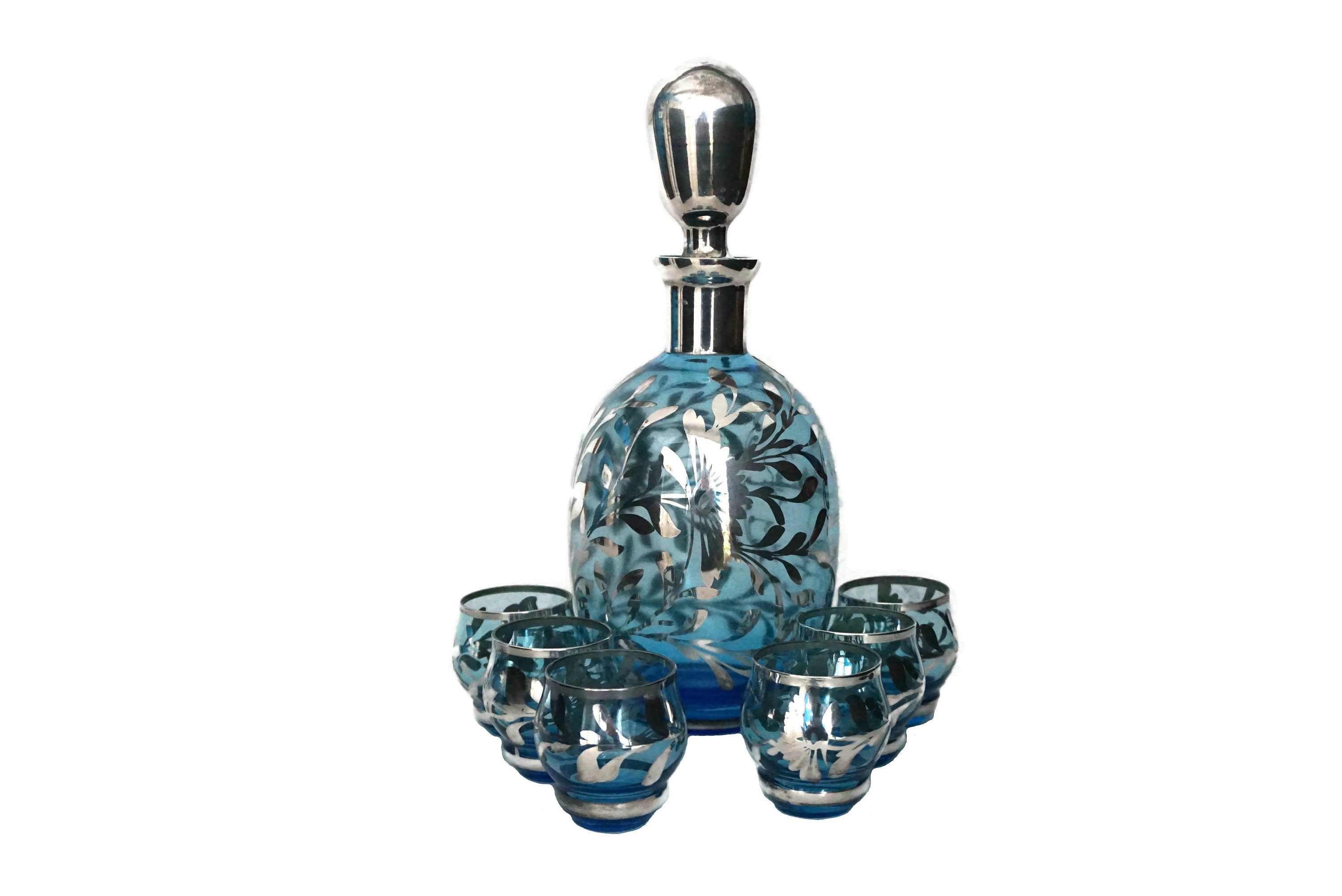 Glass Decanter Set with Silver Overlay, Hand Painted Italian