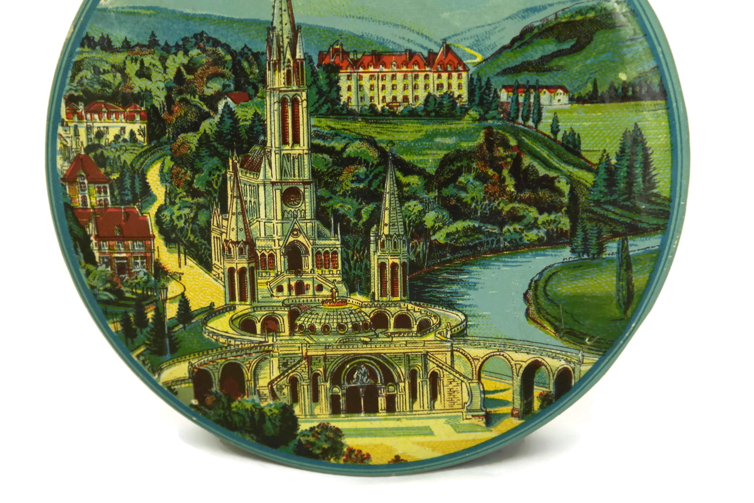 Lourdes Souvenir Tin Box. Vintage French Candy & Bonbons Box with